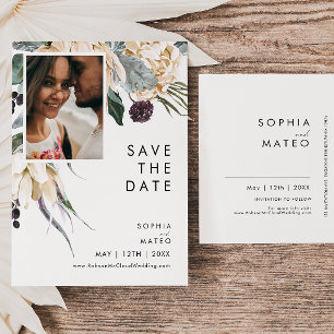 Witte Bloemige Foto Save The Date Ansichtkaart Uitnodiging Briefkaart
