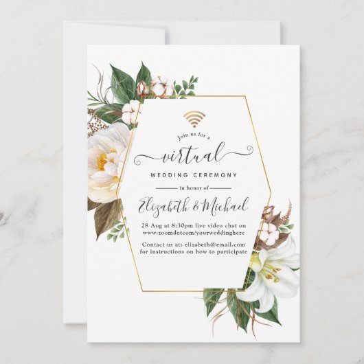 Witte Bloemige Geometrische Online Virtuele Trouwd Kaart (Voorkant)