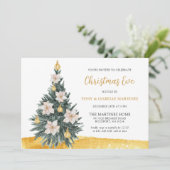 Witte bloemige gouden kerstboomornament feest kaart (Staand voorkant)