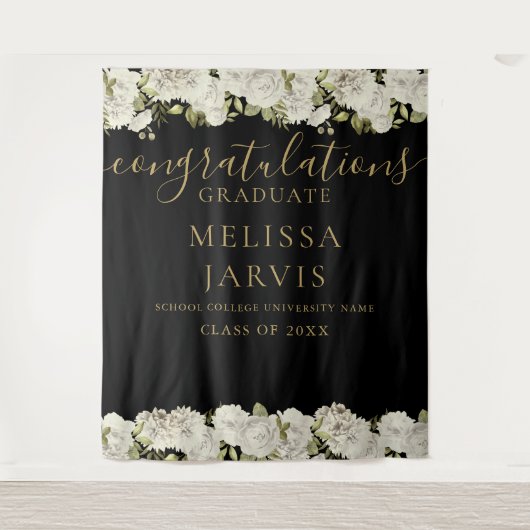 Witte bloemige gouden script afstudeerfoto-achterg wandkleed (Voorkant)