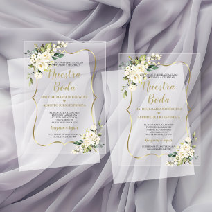 Witte Bloemige Gouden Spaanse Nuestra Boda Calligr Acryl Uitnodigingen