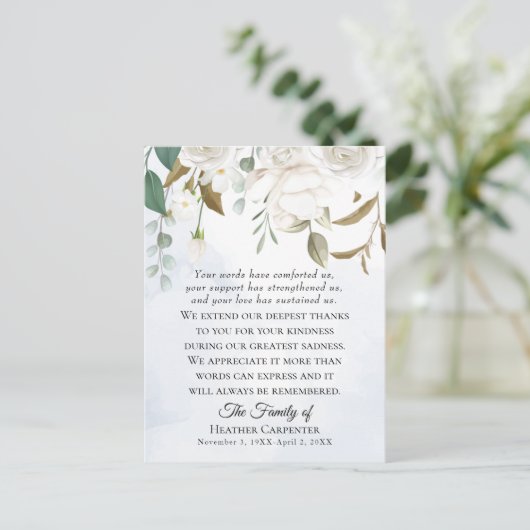 Witte bloemige groen gebogen dankkaart voor begraf briefkaart (Staand voorkant)