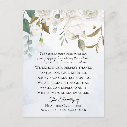 Witte bloemige groenbladerige gevouwen rouwkaartha briefkaart (Voorkant)