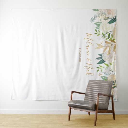 Witte bloemige groene achtergrond voor trouwfoto's wandkleed (In Situ (horizontaal))