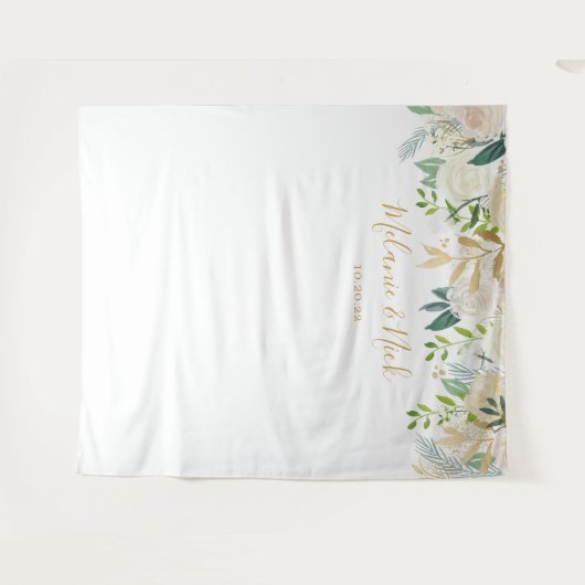 Witte bloemige groene achtergrond voor trouwfoto's wandkleed (Voorkant (horizontaal))