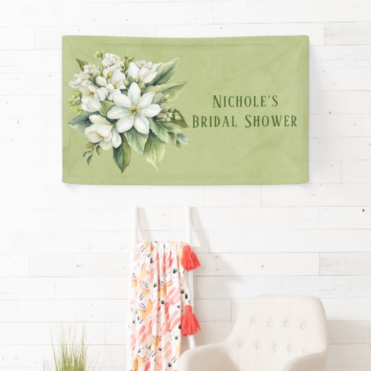 Witte Bloemige Groene Aquarel Bruidsdouche Spandoek (Insitu)