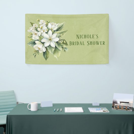 Witte Bloemige Groene Aquarel Bruidsdouche Spandoek (Beurs)