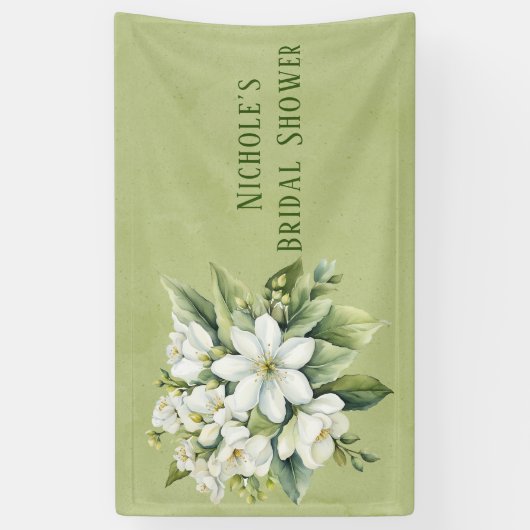 Witte Bloemige Groene Aquarel Bruidsdouche Spandoek (Verticaal)