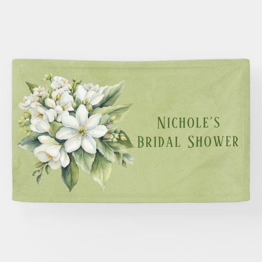Witte Bloemige Groene Aquarel Bruiloftsborrel Spandoek (Horizontaal)