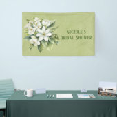Witte Bloemige Groene Aquarel Bruiloftsontbijt Spandoek (Beurs)