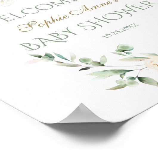 Witte bloemige groene baby shower welkomstbord poster (Hoek)