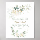 Witte bloemige groene baby shower welkomstbord poster (Voorkant)