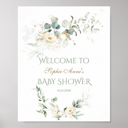 Witte bloemige groene baby shower welkomstbord poster (Voorkant)