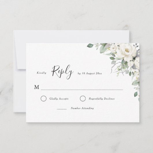 Witte bloemige groene blad RSVP kaart (Voorkant)