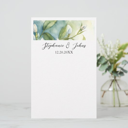 Witte Bloemige Groene Bladeren Elegante Rustieke B Briefpapier (Staand voorkant)