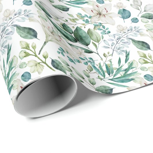 Witte bloemige groene bruidsbruiloft cadeaupapier (Rol Hoek)