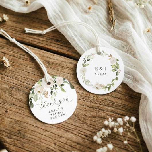 Witte Bloemige Groene Bruidsdouche Rond Bedankjes Labels