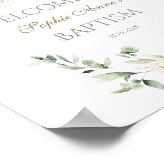 Witte bloemige groene doop welkomstbord poster (Hoek)