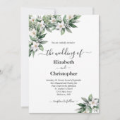 Witte bloemige groene elegante botanische bruiloft kaart (Voorkant)