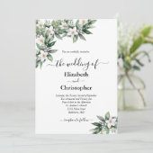 Witte bloemige groene elegante botanische bruiloft kaart (Staand voorkant)