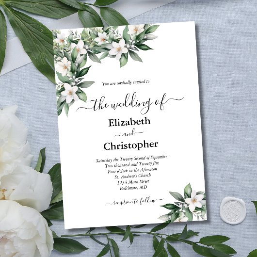 Witte bloemige groene elegante botanische bruiloft kaart