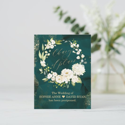 Witte Bloemige Groene Gouden Verandering Van Plann Briefkaart (Staand voorkant)