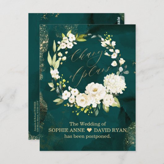 Witte Bloemige Groene Gouden Verandering Van Plann Briefkaart (Voorkant / Achterkant)