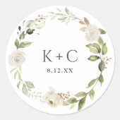 Witte Bloemige Groene Huwelijk Ronde Sticker (Voorkant)