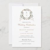 Witte Bloemige Groene Klimop Monogram Wapen Trouwf Kaart (Voorkant)