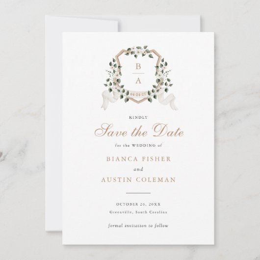 Witte bloemige groene klimop rand trouw datum save kaart (Voorkant)