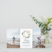 Witte bloemige groene krans Kerst foto Feestdagenkaart (Staand voorkant)