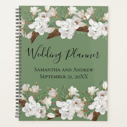 Witte Bloemige Groene Magnolia Huwelijksplanner Planner (Voorkant)