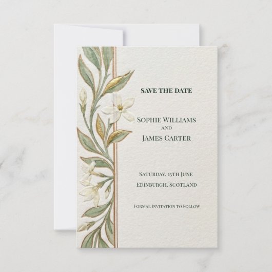 Witte bloemige groene Save The Date kaart (Voorkant)