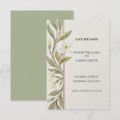 Witte bloemige groene Save The Date kaart (Voorkant / Achterkant)