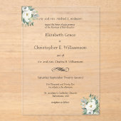 Witte bloemige groene traditionele formele bruilof acryl uitnodigingen (Voorkant)