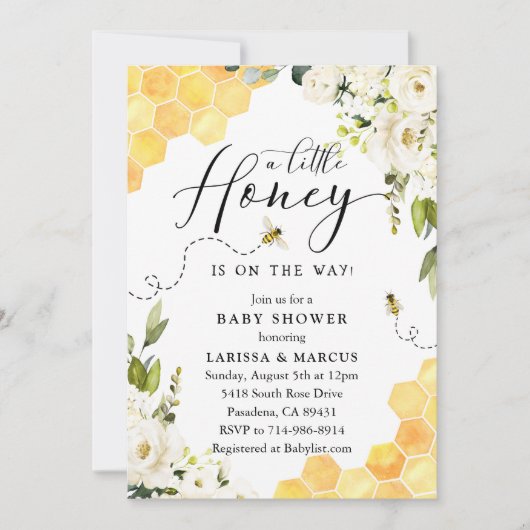 Witte bloemige honingbij baby shower kaart (Voorkant)