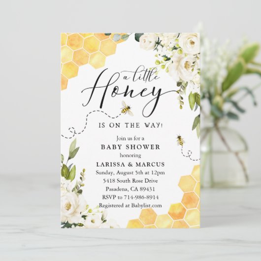 Witte bloemige honingbij baby shower kaart (Staand voorkant)
