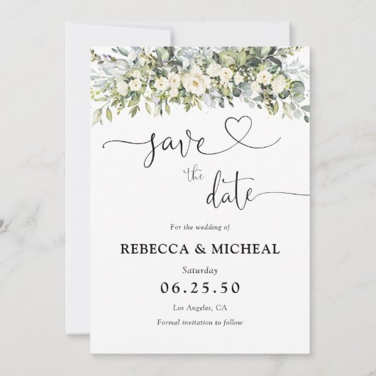 Witte bloemige huwelijksaankondiging Bewaar de dat Save The Date (Voorkant)