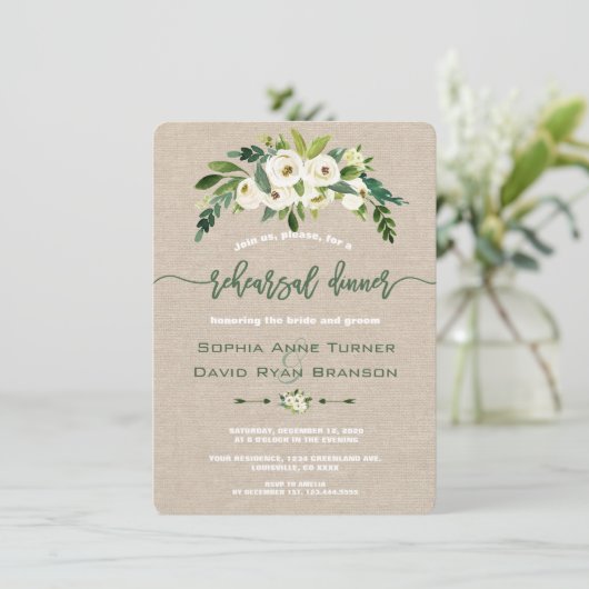 Witte bloemige jute handgeschreven oefendiner kaart (Staand voorkant)