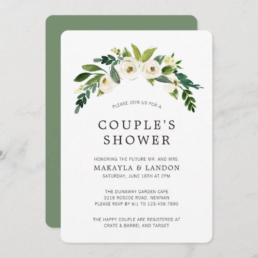 Witte Bloemige Koppels Elegante Bruidsuitnodiging Kaart (Voorkant / Achterkant)