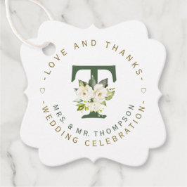 Witte bloemige monogram cirkelvormige trouw bedankjes labels