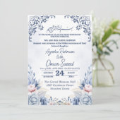 Witte Bloemige Nikkah Blauwe Witte Uitnodiging (Staand voorkant)