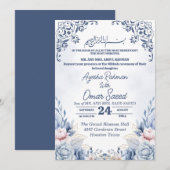 Witte Bloemige Nikkah Blauwe Witte Uitnodiging (Voorkant / Achterkant)