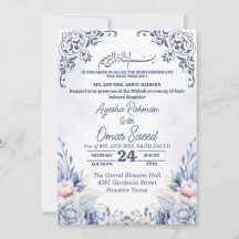 Witte Bloemige Nikkah Blauwe Witte Uitnodiging