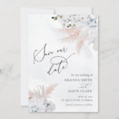 Witte Bloemige Orchidee & Stof Blauw Koraal Strand Save The Date (Voorkant)