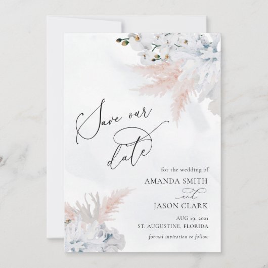 Witte Bloemige Orchidee & Stof Blauw Koraal Strand Save The Date (Voorkant)