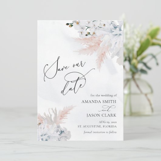 Witte bloemige orchidee & stoffig blauwe koraalstr save the date (Staand voorkant)