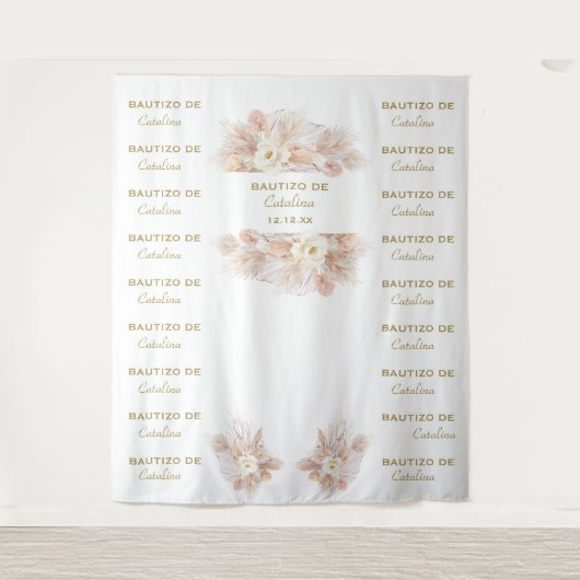Witte bloemige Pampas Step & Repeat Bautizo Achter Wandkleed (Voorkant)