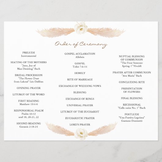 Witte bloemige Pampasgras Tri+Fold Trouwprogramma Flyer (Achterkant)