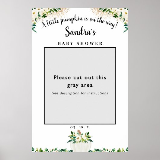 Witte bloemige pompoen babyshower fotolijst decora poster (Voorkant)